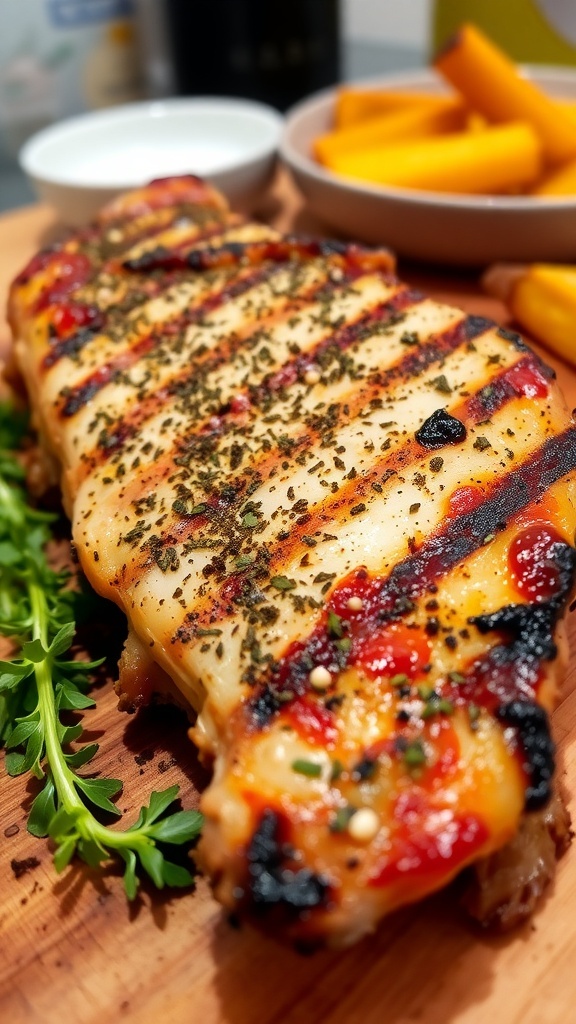 Grilled pork chop seasoned with herbs and spices, garnished with fresh herbs, on a wooden cutting board.